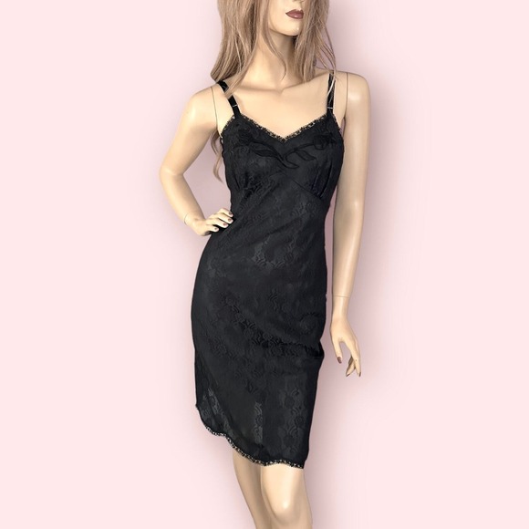60s Vintage Black Lace Slip Dress XS Deadstock Lingerie Whimsigoth Coquette Goth - Picture 2 of 10